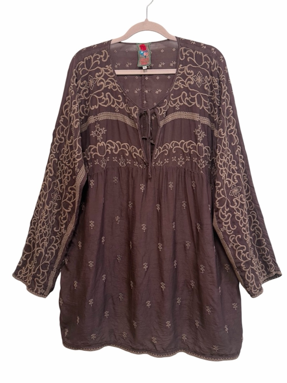 Johnny Was Brown Cupro Rayon embroidered tunic top, size XL